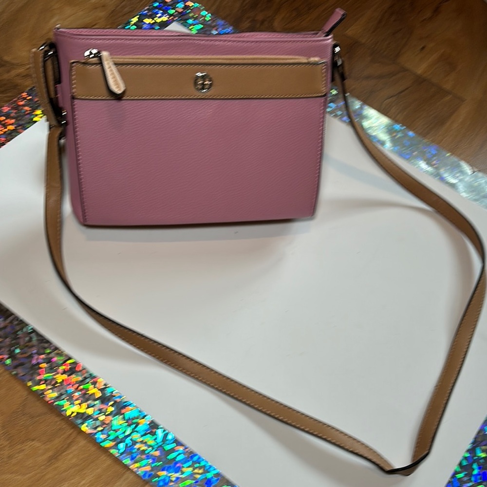 Chic Pink and Tan Crossbody Bag with Adjustable Strap